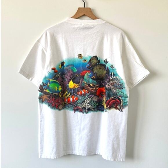 Vintage 1990s Cal Cru Aquarium Fish Ocean Print Habitat Graphic Tee XL - Picture 2 of 9